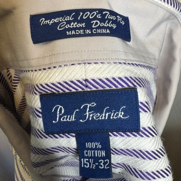 Paul Fredrick Blue White Herringbone Stripe French Cuff Dress Shirt 15.5 32 - Picture 6 of 8